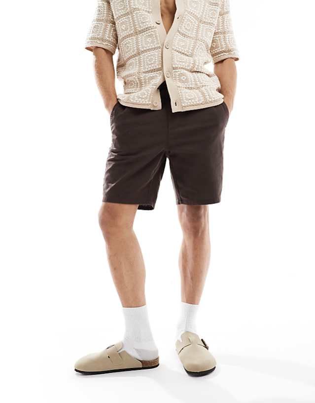 ONLY & SONS linen mix tie waist shorts in brown