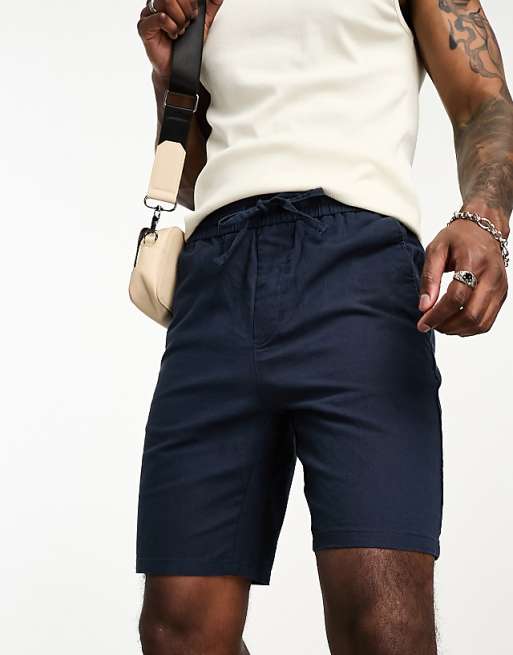 ONLY & SONS linen mix tie waist shorts in navy