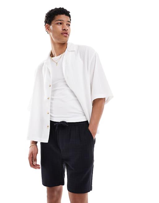 ONLY & SONS Textured Linen Mix Short In Navy