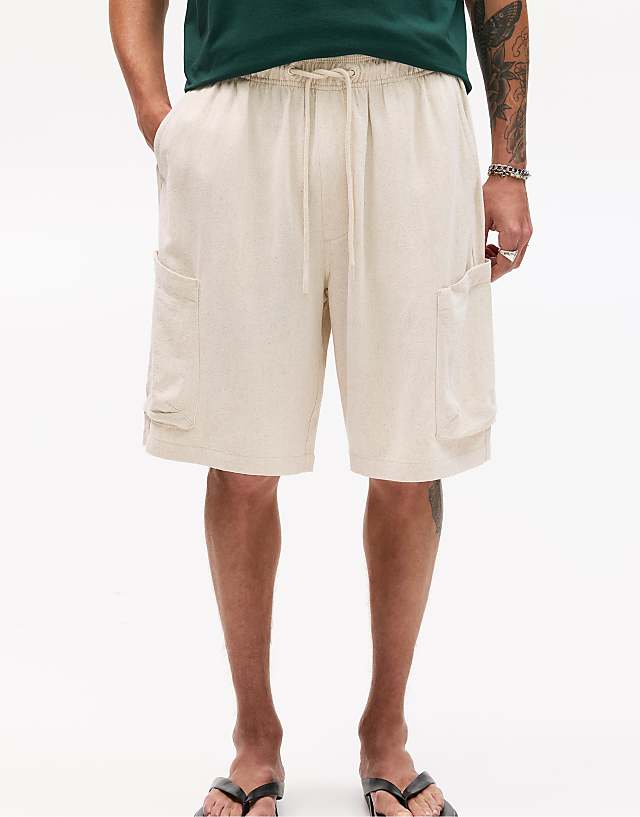 Pull&Bear Linen Cargo Bermuda Shorts In Beige