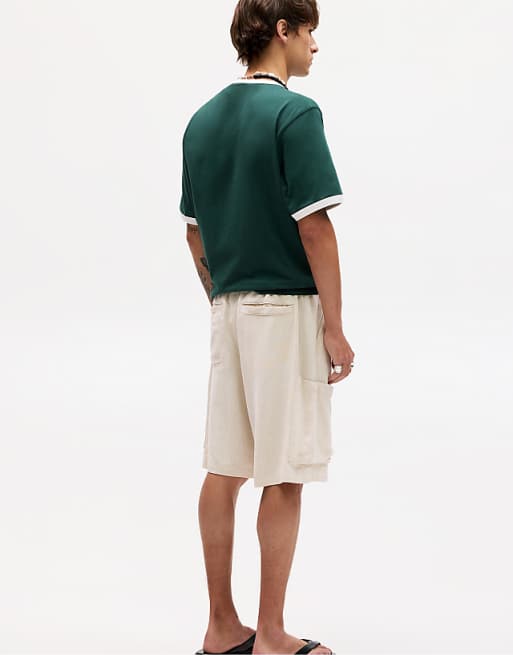 Pull&Bear Linen Cargo Bermuda Shorts In Beige