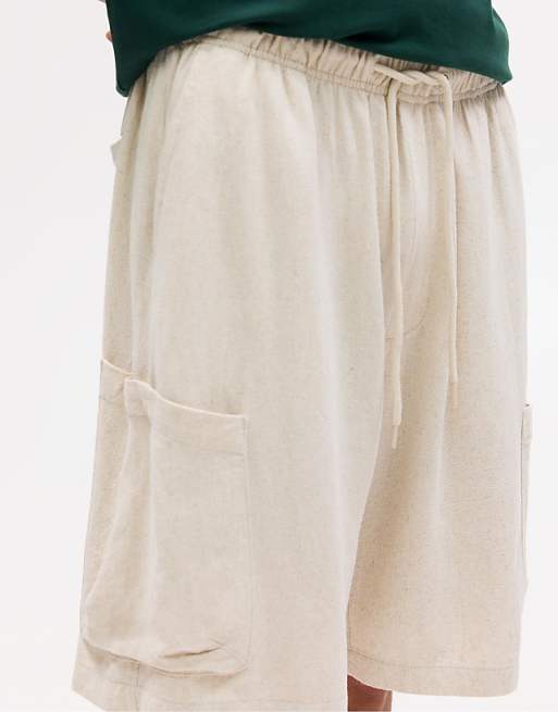 Pull&Bear Linen Cargo Bermuda Shorts In Beige