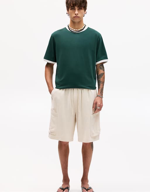 Pull&Bear linen cargo bermuda shorts in beige