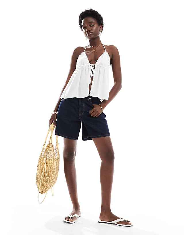 Pull&Bear Linen Halterneck Top In White
