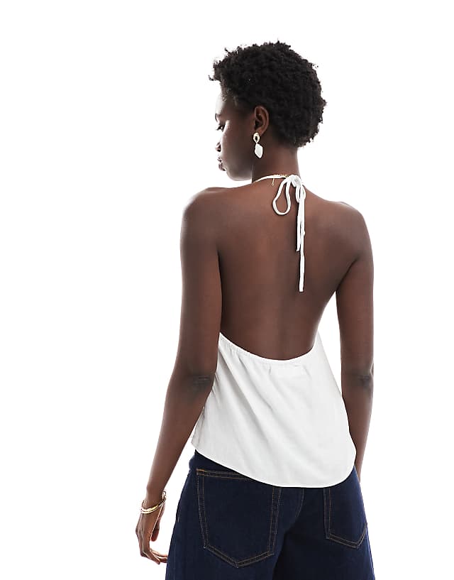 Pull&Bear Linen Halterneck Top In White