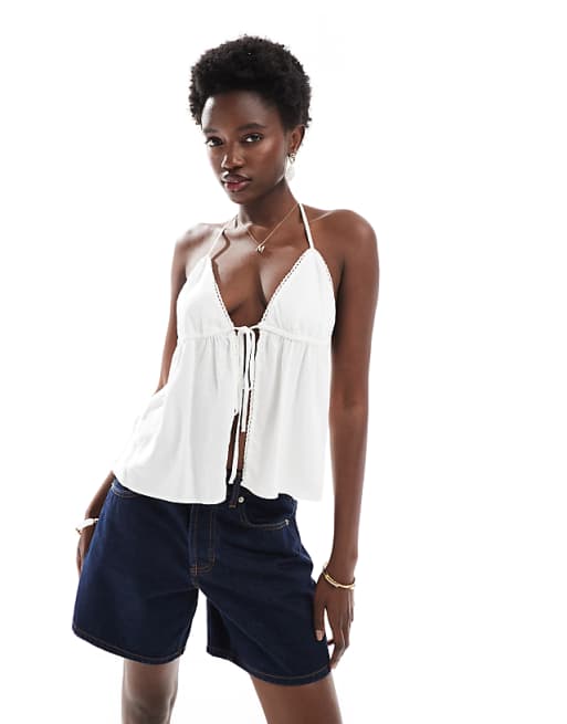 Pull&Bear linen halterneck top in white