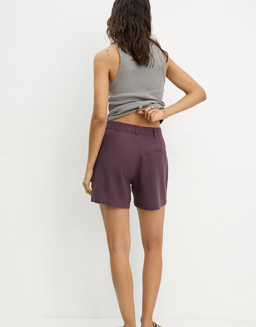Pull&Bear Linen Look Short In Burgundy