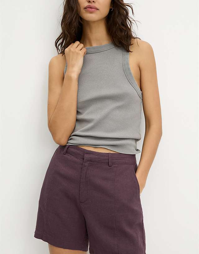 Pull&Bear Linen Look Short In Burgundy