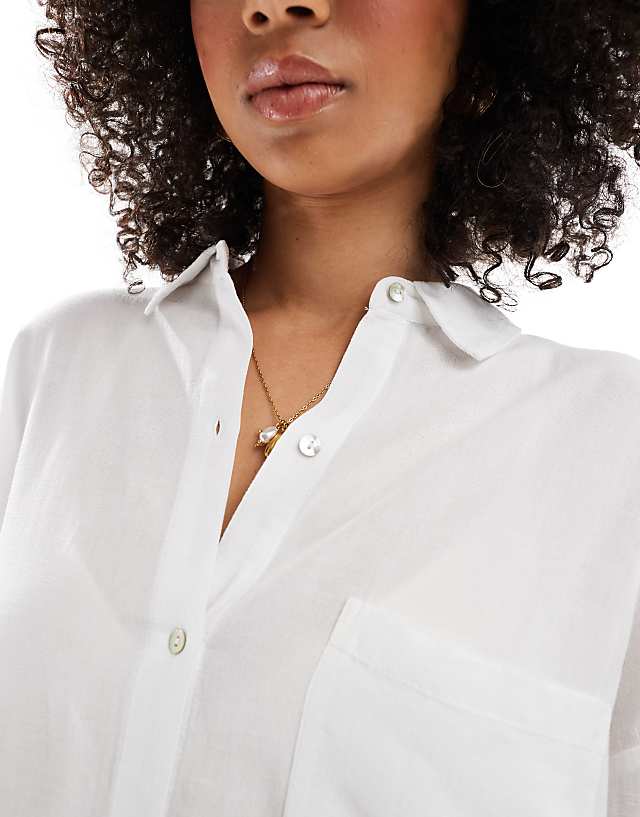 Pull&Bear Oversized Linen Look Shirt In White