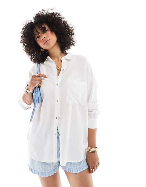Pull&Bear oversized linen look shirt in white