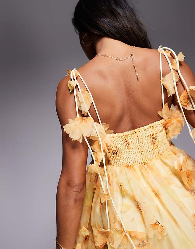 River Island 3d Floral Trim Dress In Yellow