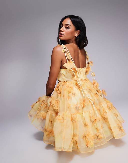 River Island 3d floral trim dress in yellow