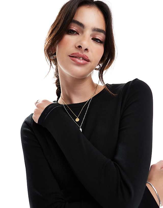 Stradivarius Cotton Long Sleeve Top In Black