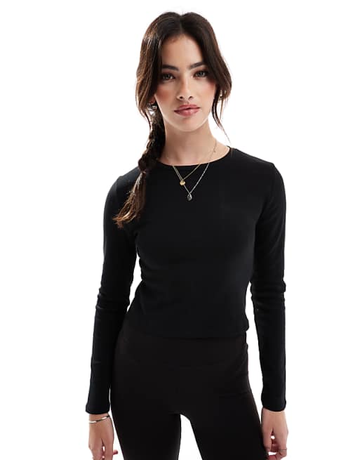 Stradivarius cotton long sleeve top in black