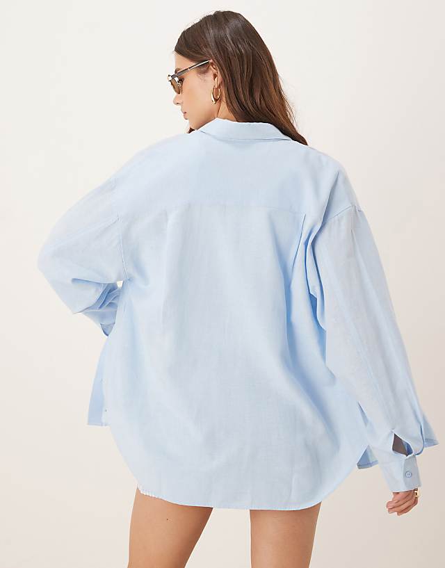 Stradivarius Linen Blend Shirt In Denim Blue