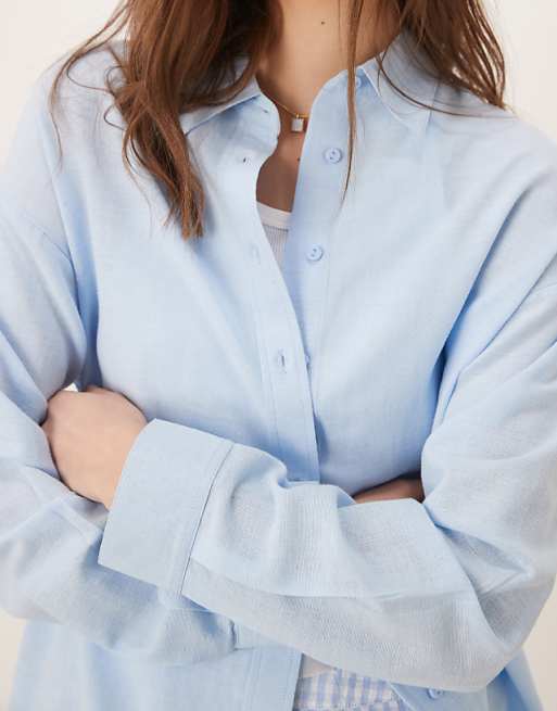 Stradivarius Linen Blend Shirt In Denim Blue
