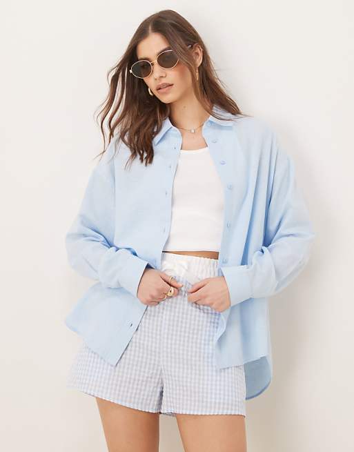 Stradivarius linen blend shirt in denim blue
