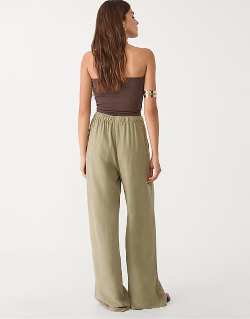 Stradivarius Linen Blend Trousers In Khaki