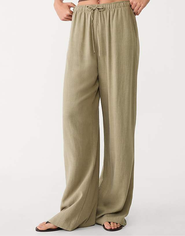 Stradivarius Linen Blend Trousers In Khaki
