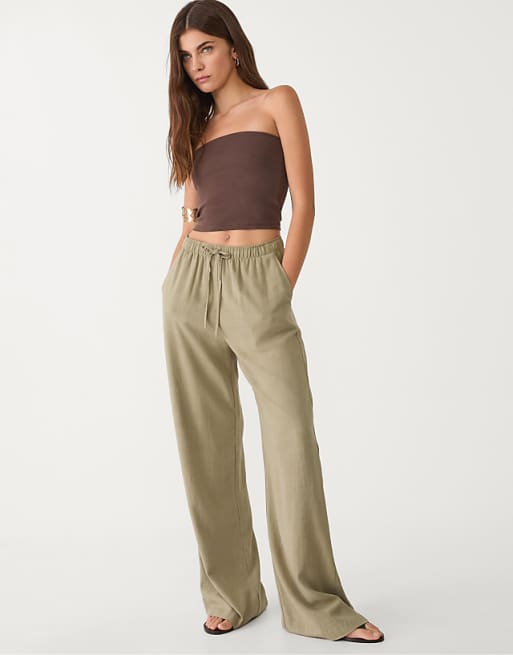 Stradivarius Linen Blend Trousers In Khaki