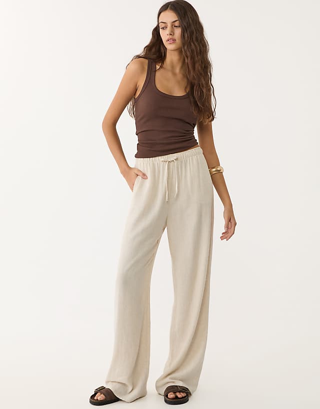 Stradivarius linen blend trousers in stone