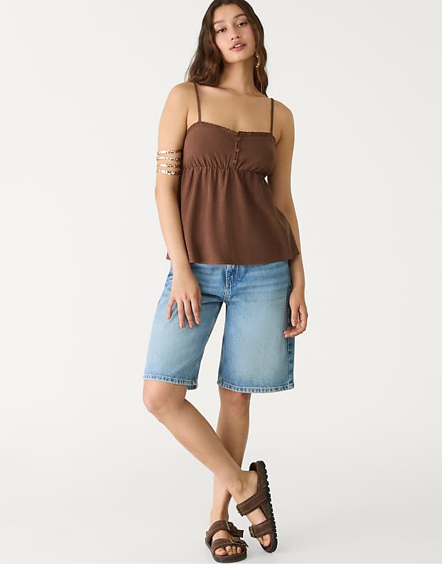 Stradivarius Strappy Linen Blend Top In Brown