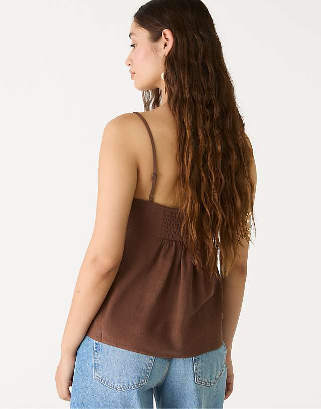Stradivarius Strappy Linen Blend Top In Brown