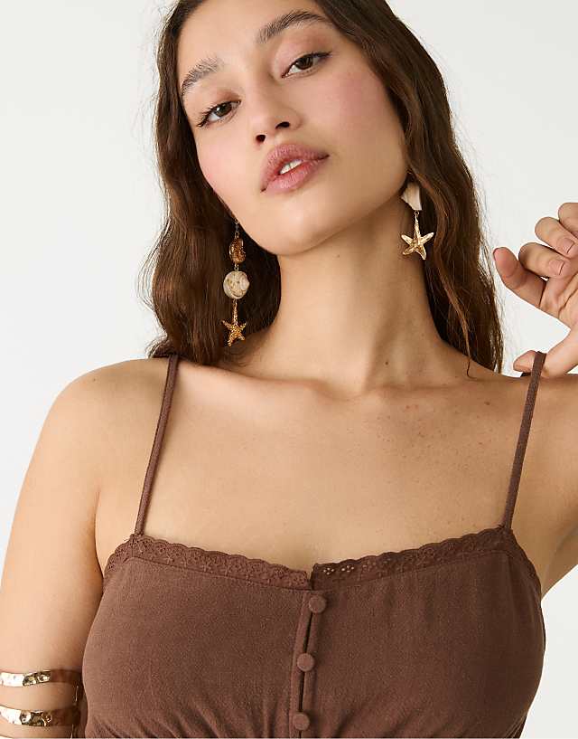 Stradivarius Strappy Linen Blend Top In Brown