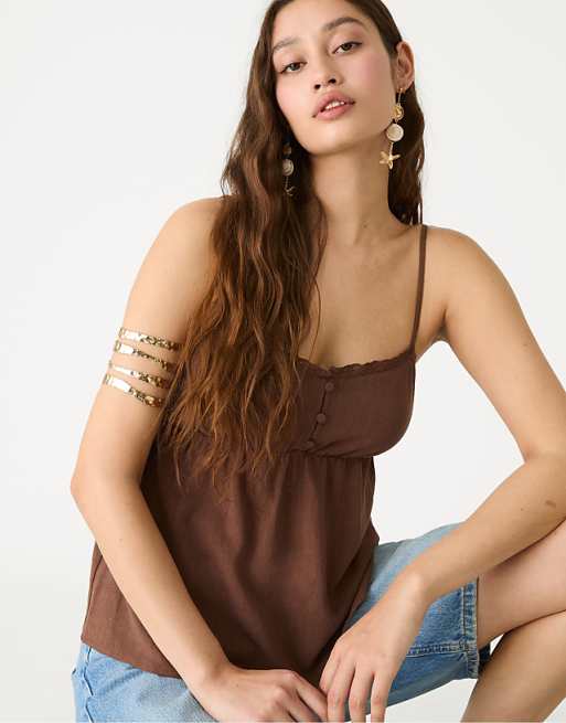 Stradivarius strappy linen blend top in brown