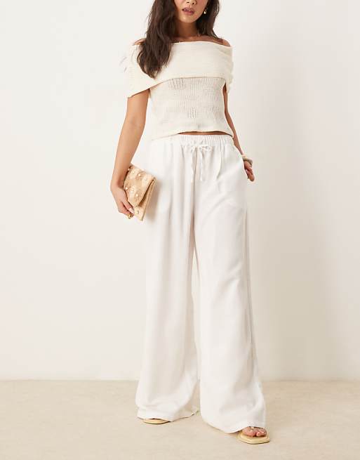Stradivarius wide leg linen trousers in white