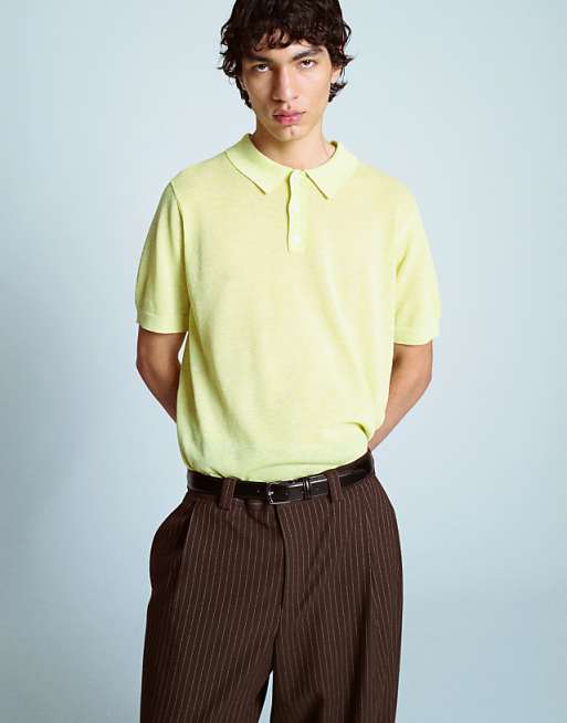 Topman Linen Mix Knitted Polo In Lime
