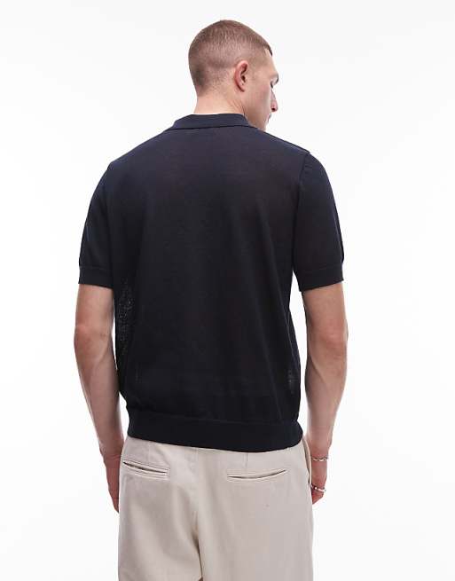 Topman Linen Mix Knitted Polo In Navy