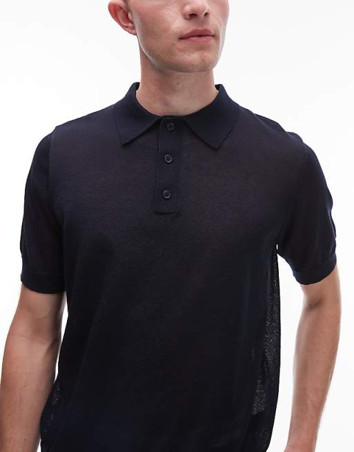 Topman Linen Mix Knitted Polo In Navy
