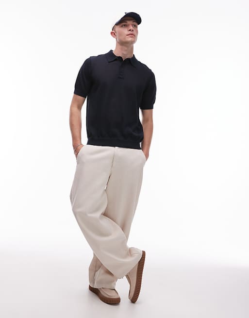 Topman Linen Mix Knitted Polo In Navy