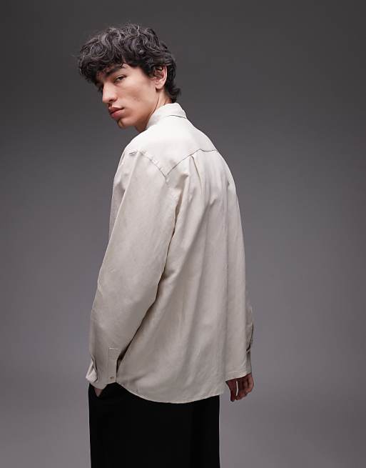 Topman Long Sleeve Linen Shirt In Ecru