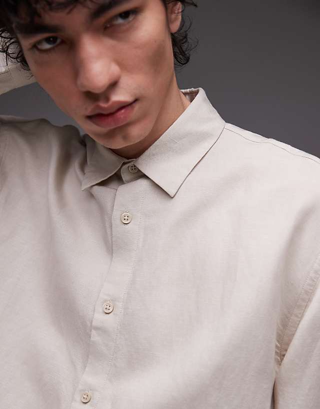 Topman Long Sleeve Linen Shirt In Ecru