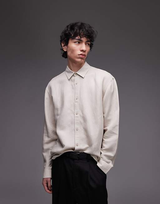 Topman Long Sleeve Linen Shirt In Ecru