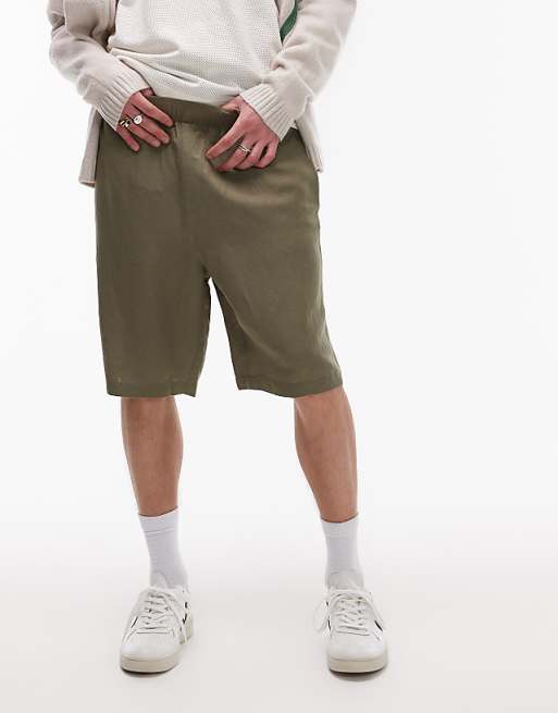 Topman Wide Leg Linen Short In Khaki