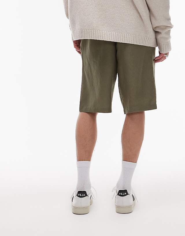 Topman Wide Leg Linen Short In Khaki