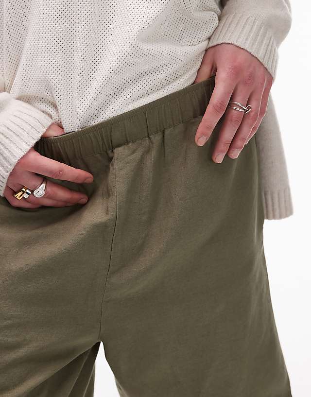 Topman Wide Leg Linen Short In Khaki