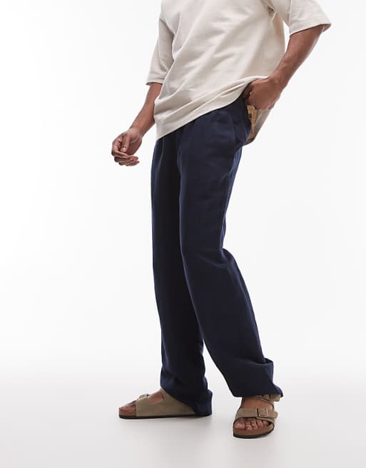 Topman Wide Leg Linen Trouser In Navy