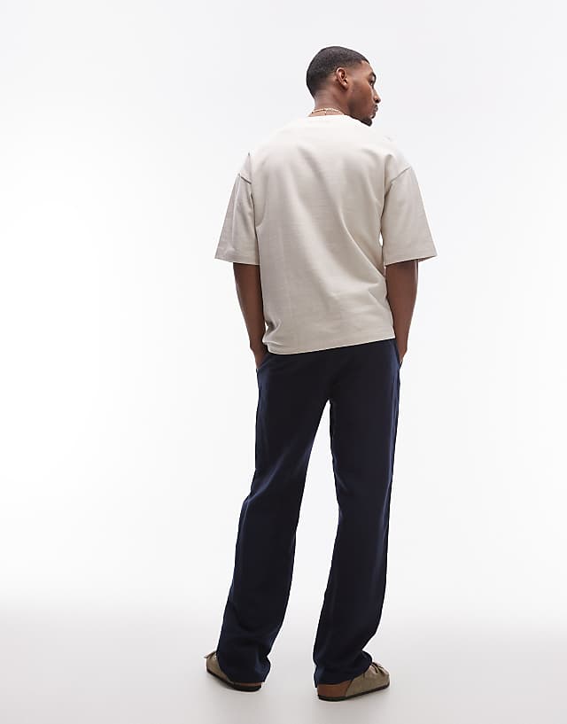 Topman Wide Leg Linen Trouser In Navy