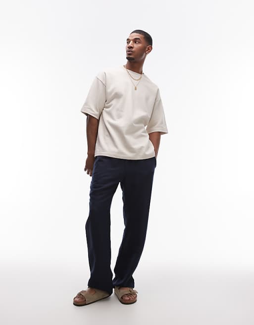 Topman wide leg linen trouser in navy