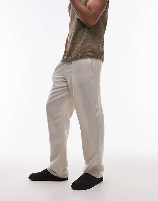 Topman Wide Leg Linen Trouser In Stone