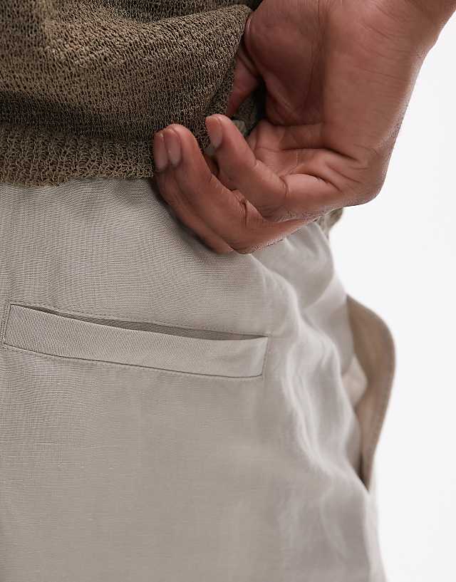 Topman Wide Leg Linen Trouser In Stone