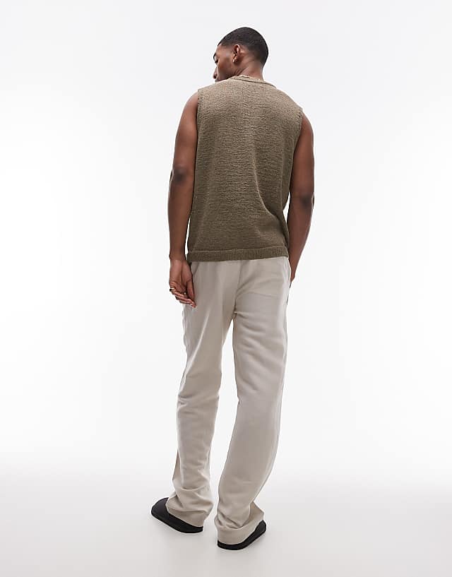 Topman Wide Leg Linen Trouser In Stone