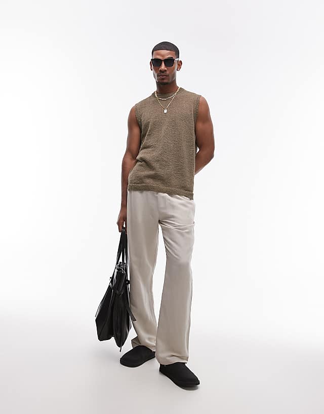 Topman Wide Leg Linen Trouser In Stone