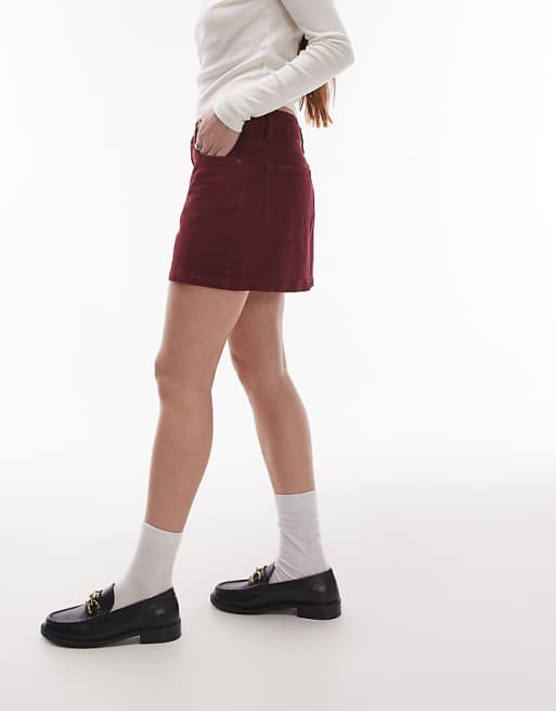 Topshop Denim Mini Pelmet Skirt In Burgundy