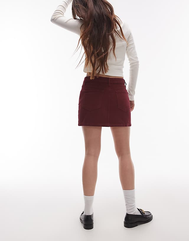 Topshop Denim Mini Pelmet Skirt In Burgundy