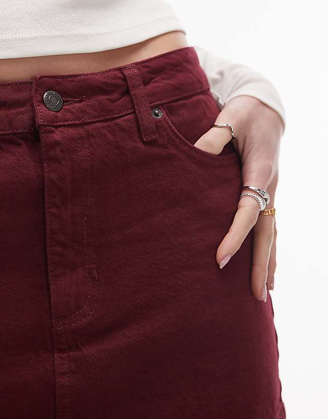 Topshop Denim Mini Pelmet Skirt In Burgundy